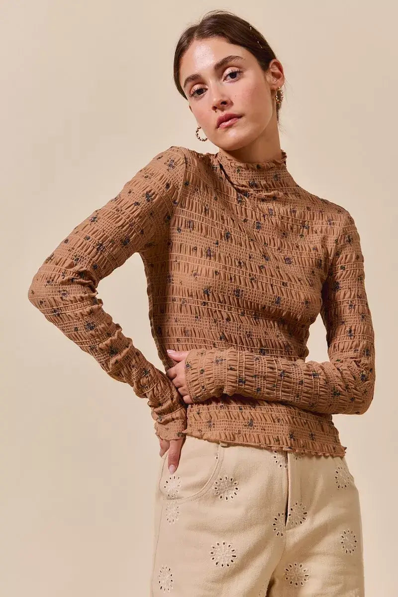 Brown Floral Print Textured Long Sleeve Knit Top - Cozy Fashion, Tops, $ 45.00, A Moment Of Now™