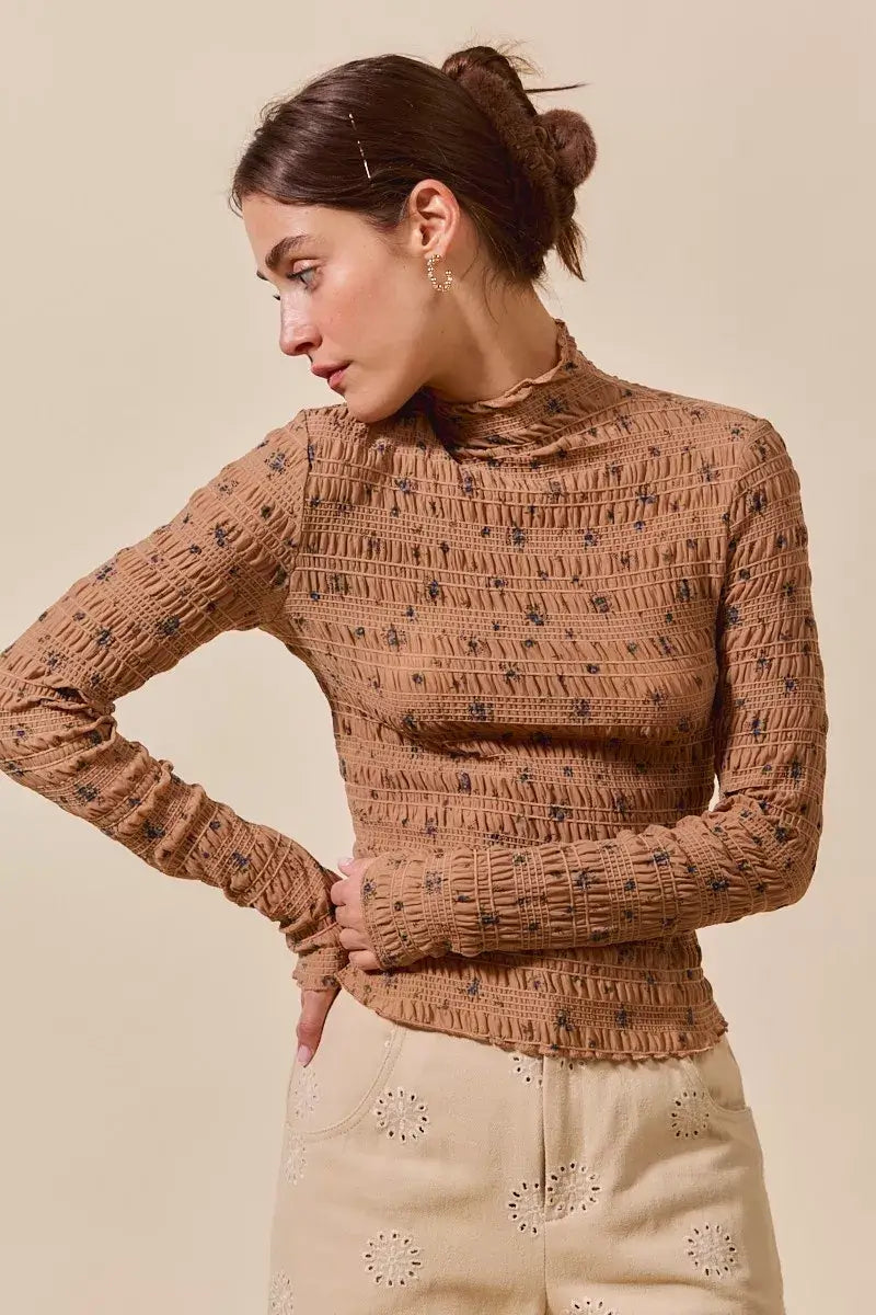 Brown Floral Print Textured Long Sleeve Knit Top - Cozy Fashion, Tops, $ 45.00, A Moment Of Now™