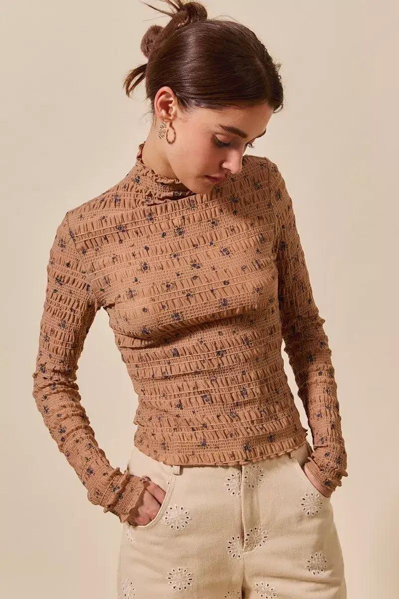 Brown Floral Print Textured Long Sleeve Knit Top - Cozy Fashion, Tops, $ 45.00, A Moment Of Now™