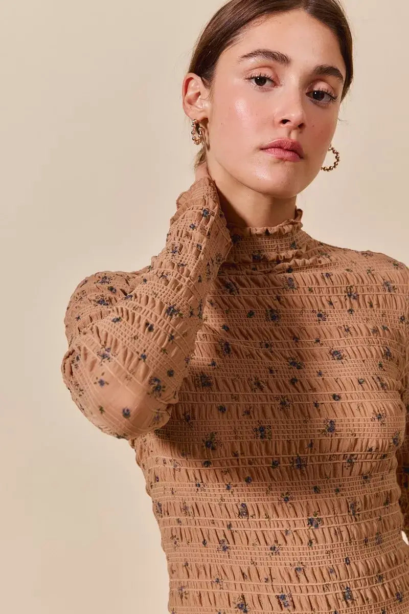 Brown Floral Print Textured Long Sleeve Knit Top - Cozy Fashion, Tops, $ 45.00, A Moment Of Now™