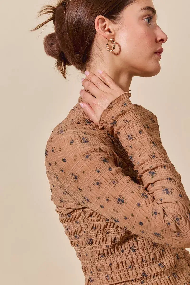 Brown Floral Print Textured Long Sleeve Knit Top - Cozy Fashion, Tops, $ 45.00, A Moment Of Now™