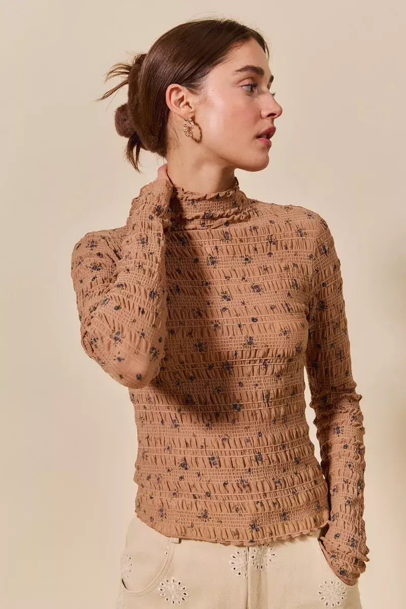 Brown Floral Print Textured Long Sleeve Knit Top - Cozy Fashion, Tops, $ 45.00, A Moment Of Now™