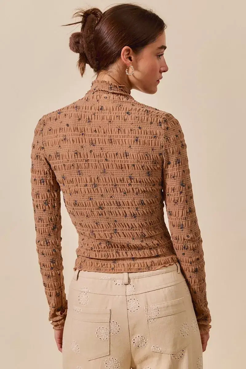 Brown Floral Print Textured Long Sleeve Knit Top - Cozy Fashion, Tops, $ 45.00, A Moment Of Now™
