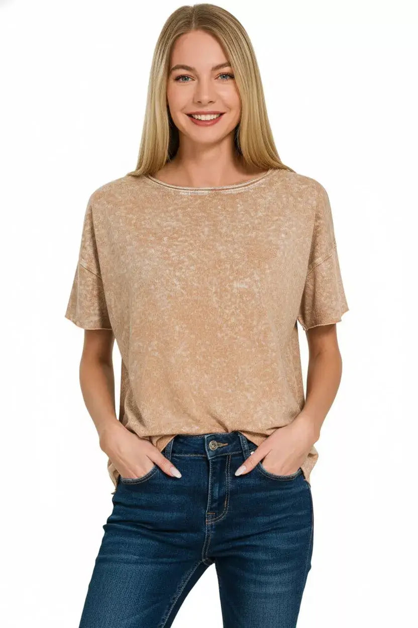 Brown Halo Washed Cotton Short Sleeve Top | Stylish Comfort, Tops, $ 26.00, A Moment Of Now™