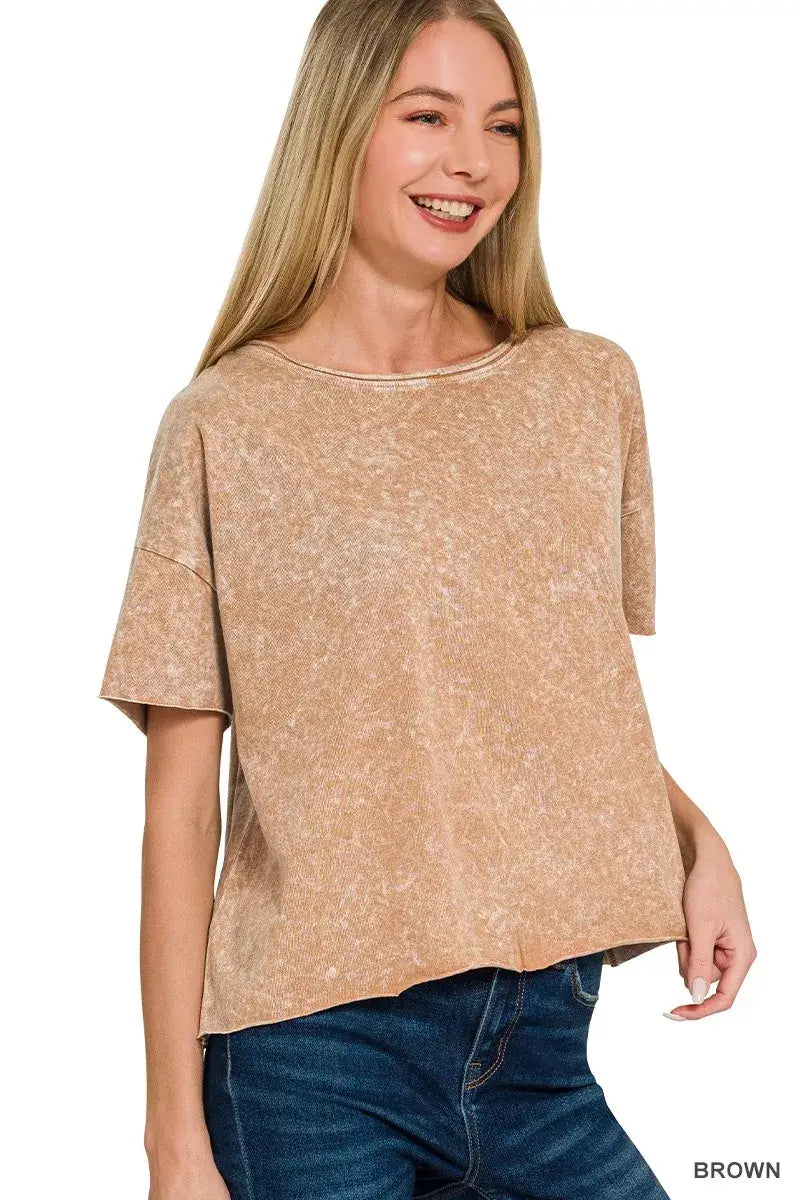 Brown Halo Washed Cotton Short Sleeve Top | Stylish Comfort, Tops, $ 26.00, A Moment Of Now™