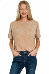 Brown Halo Washed Cotton Short Sleeve Top | Stylish Comfort, Tops, $ 26.00, A Moment Of Now™