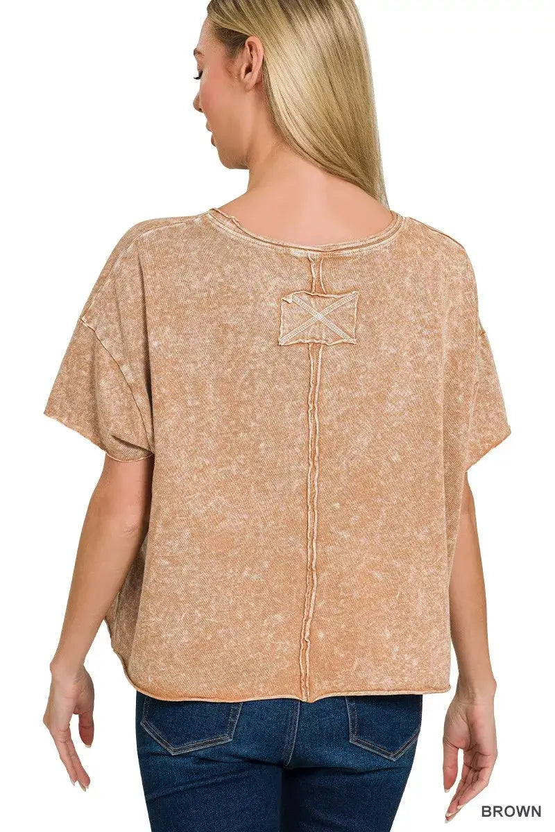 Brown Halo Washed Cotton Short Sleeve Top | Stylish Comfort, Tops, $ 26.00, A Moment Of Now™