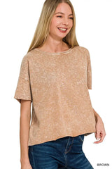 Brown Halo Washed Cotton Short Sleeve Top | Stylish Comfort, Tops, $ 26.00, A Moment Of Now™