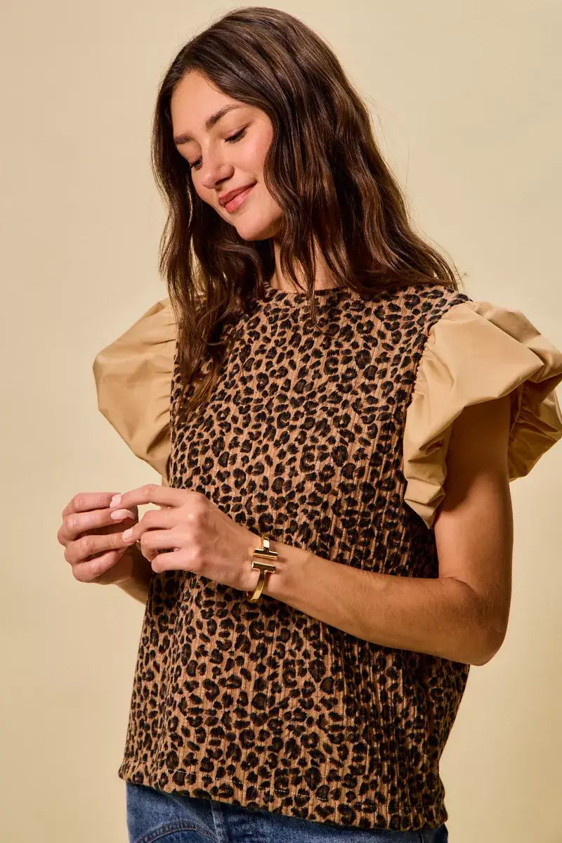 Brown Leopard Pointelle Knit Top with Puff Sleeves - Trendy Style, Tops, $ 49.00, A Moment Of Now™
