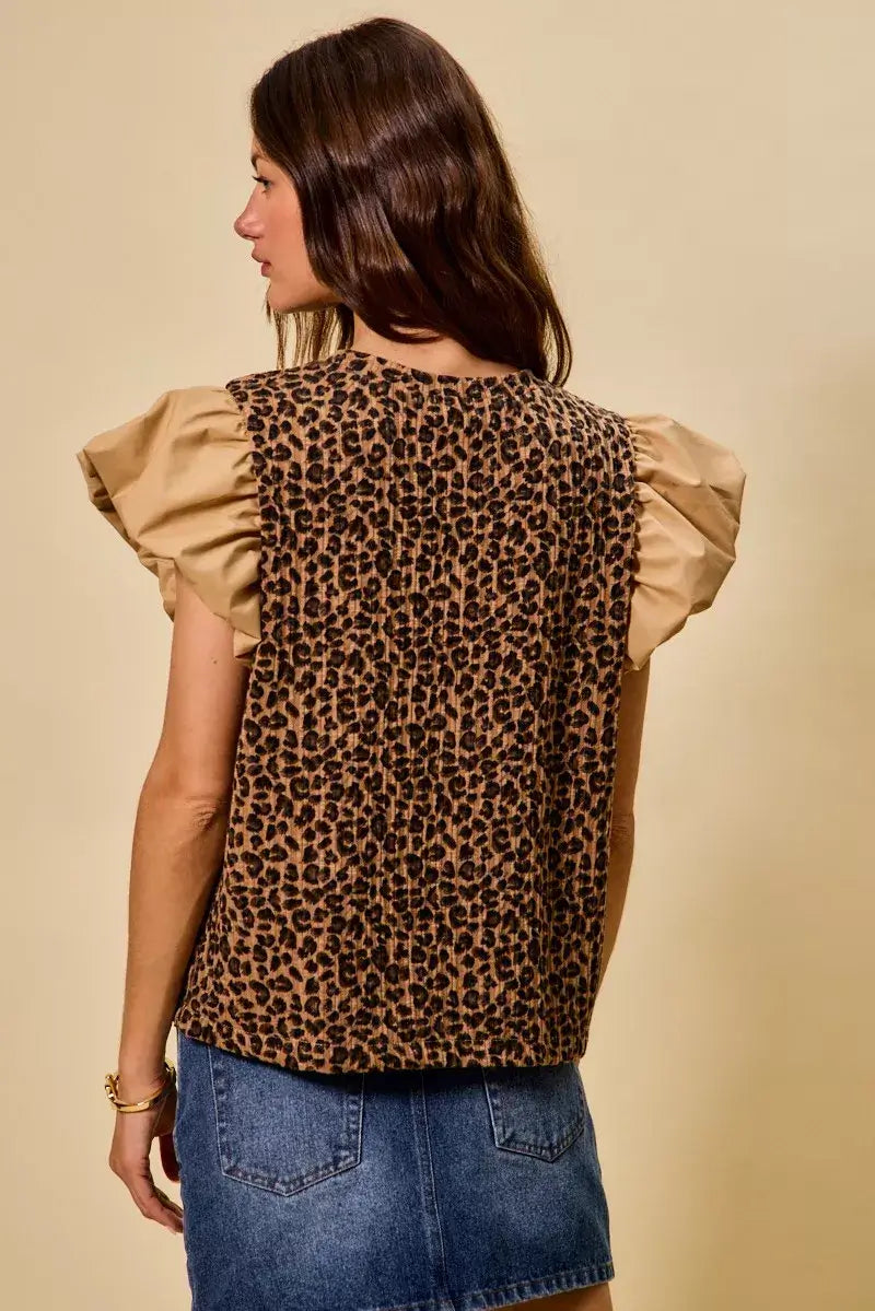 Brown Leopard Pointelle Knit Top with Puff Sleeves - Trendy Style, Tops, $ 49.00, A Moment Of Now™