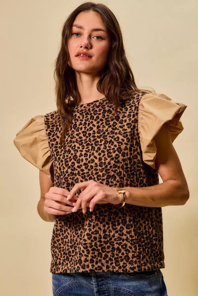 Brown Leopard Pointelle Knit Top with Puff Sleeves - Trendy Style, Tops, $ 49.00, A Moment Of Now™