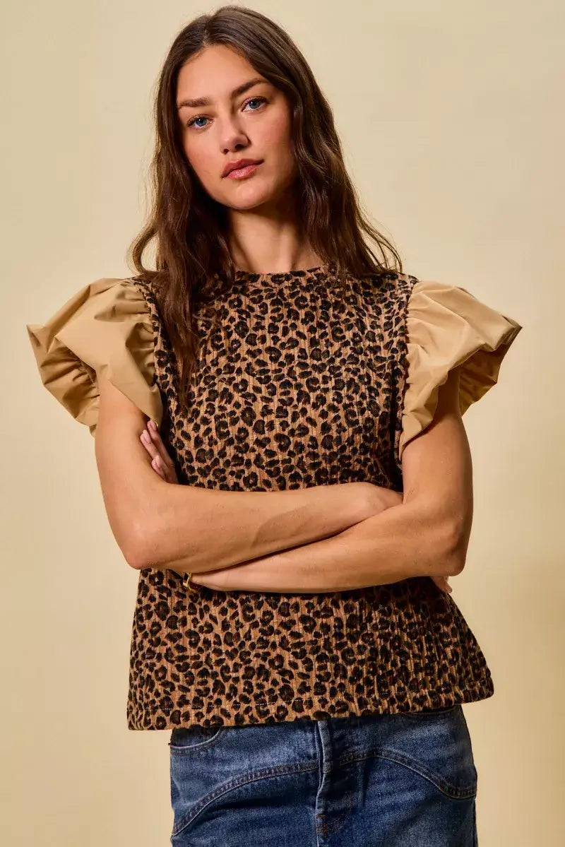 Brown Leopard Pointelle Knit Top with Puff Sleeves - Trendy Style, Tops, $ 49.00, A Moment Of Now™