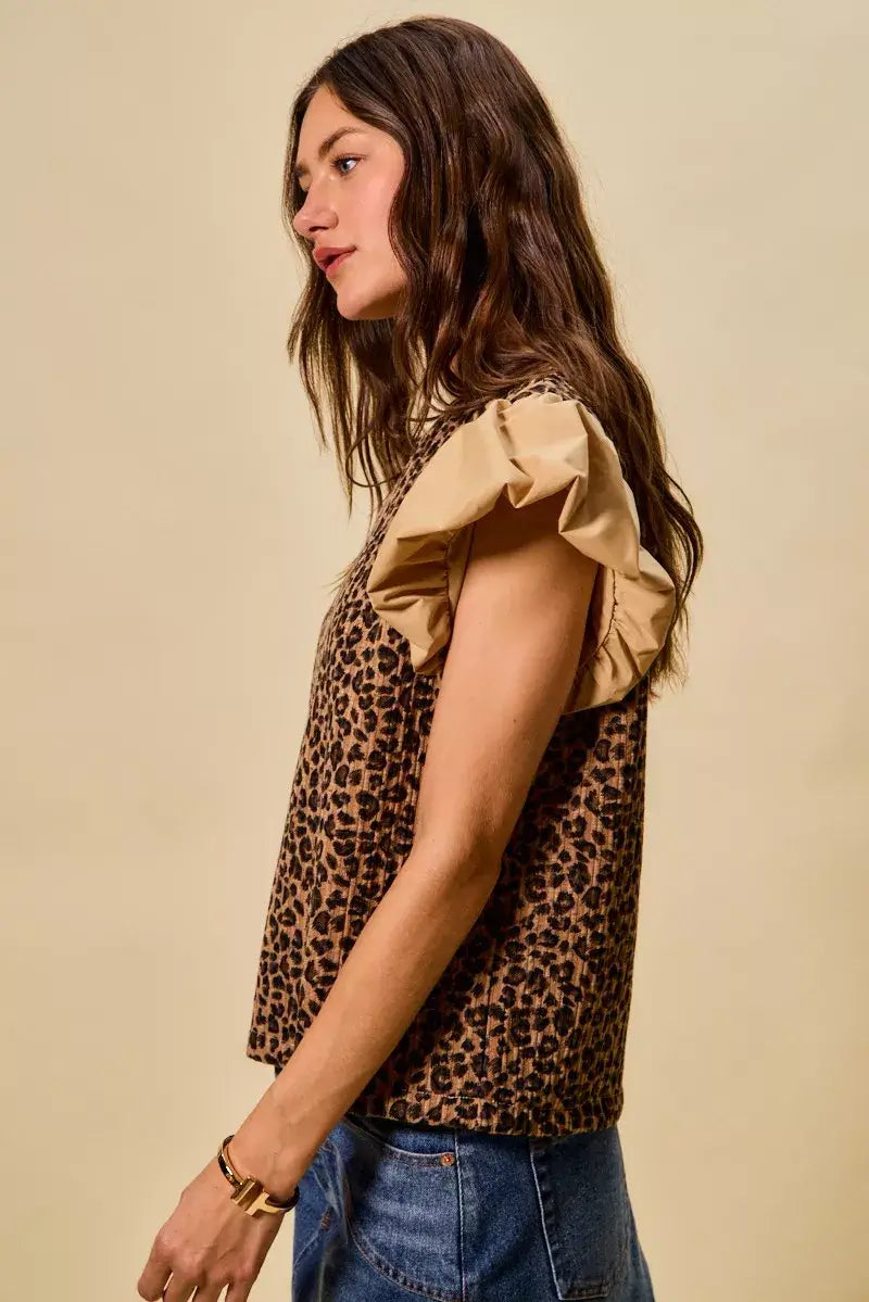 Brown Leopard Pointelle Knit Top with Puff Sleeves - Trendy Style, Tops, $ 49.00, A Moment Of Now™