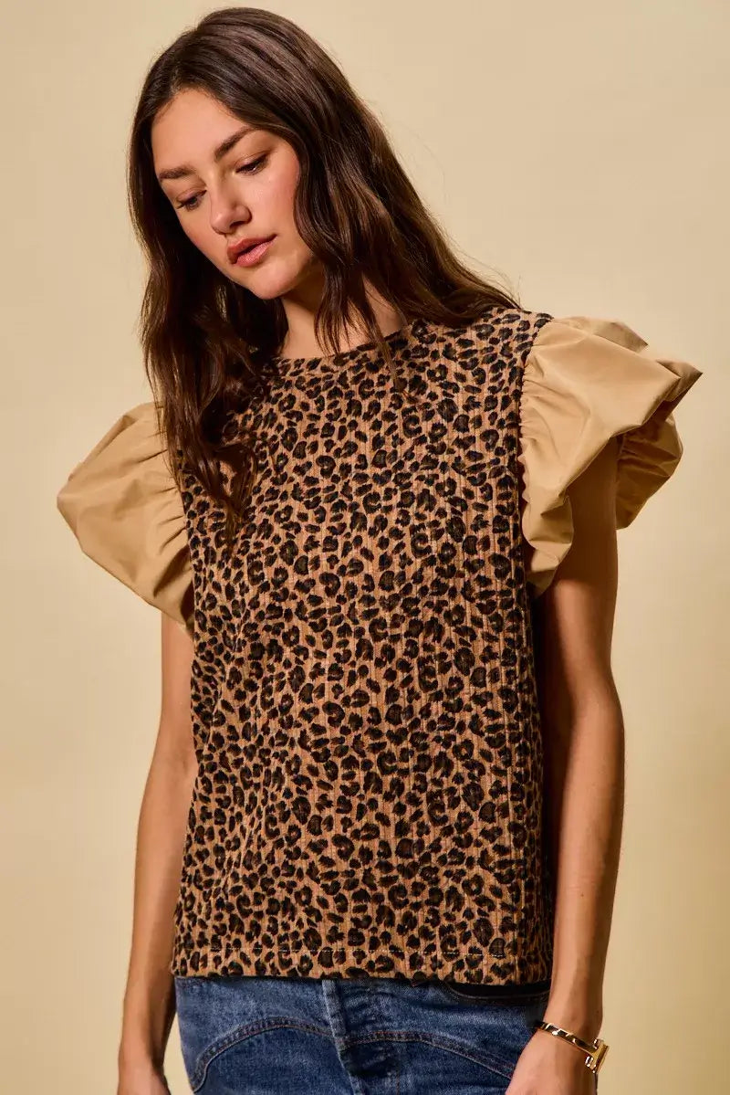 Brown Leopard Pointelle Knit Top with Puff Sleeves - Trendy Style, Tops, $ 49.00, A Moment Of Now™