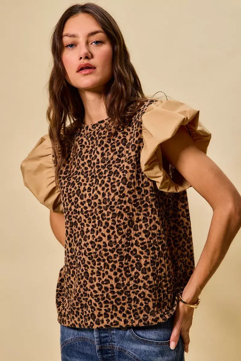 Brown Leopard Pointelle Knit Top with Puff Sleeves - Trendy Style, Tops, $ 49.00, A Moment Of Now™