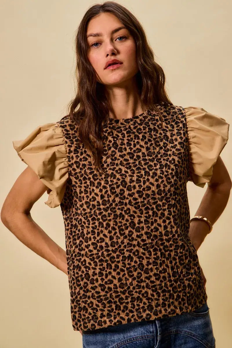 Brown Leopard Pointelle Knit Top with Puff Sleeves - Trendy Style, Tops, $ 49.00, A Moment Of Now™