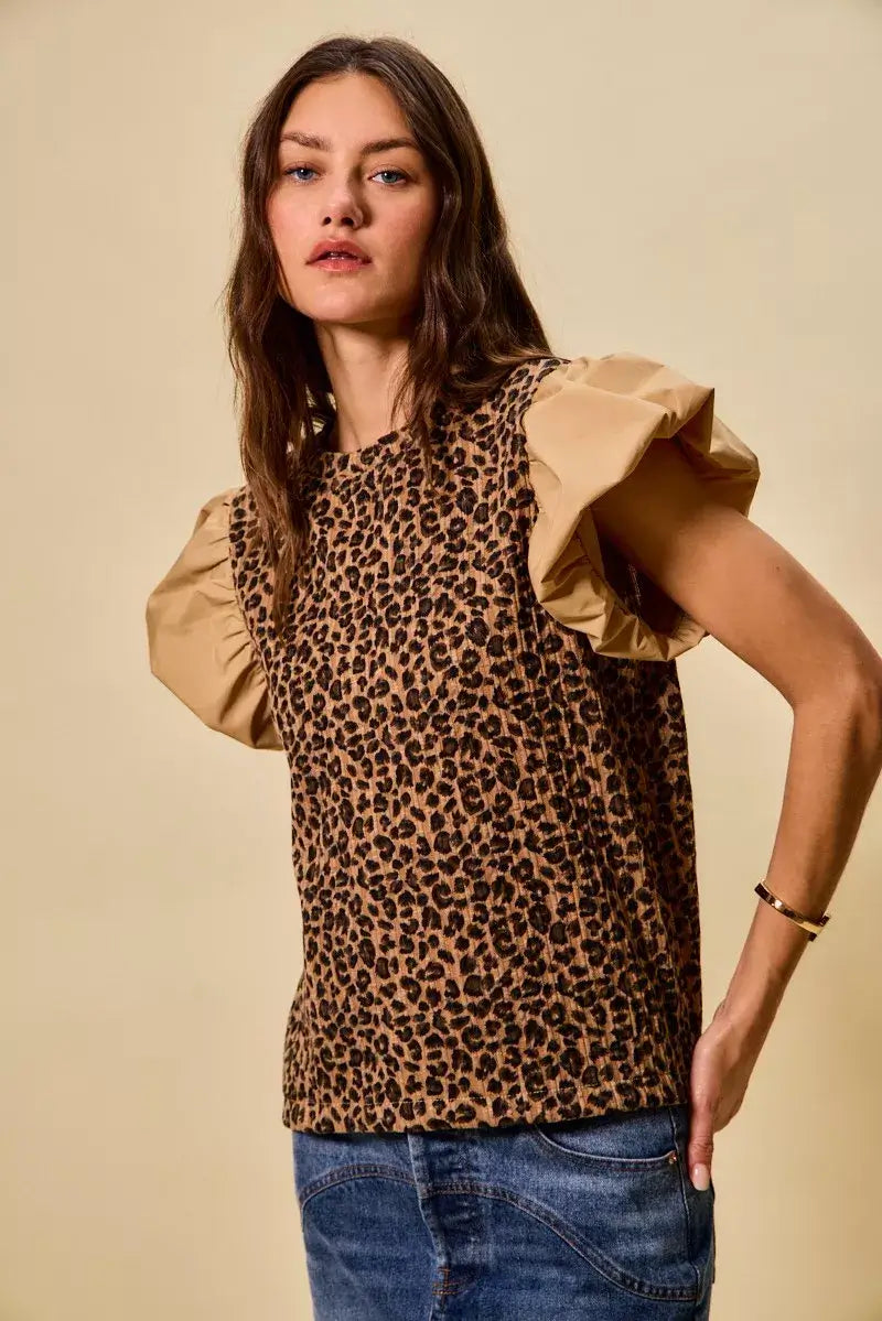 Brown Leopard Pointelle Knit Top with Puff Sleeves - Trendy Style, Tops, $ 49.00, A Moment Of Now™