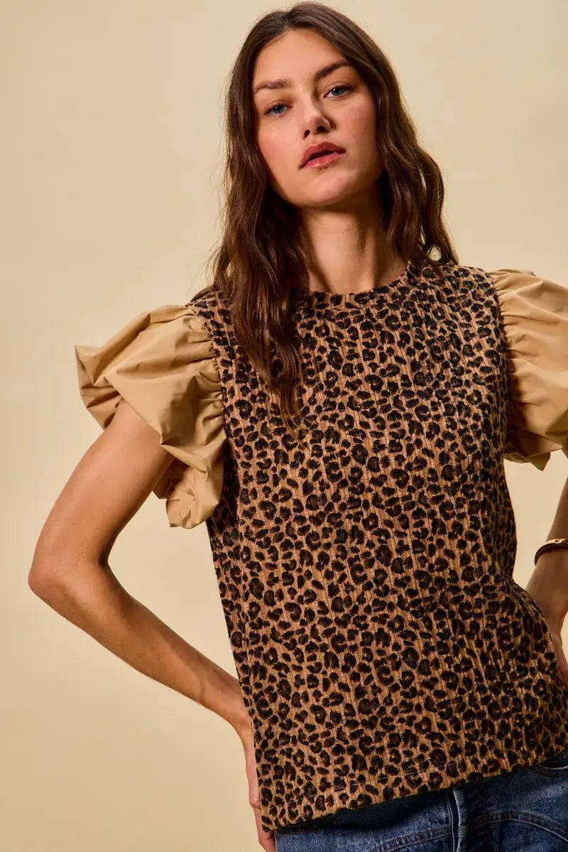 Brown Leopard Pointelle Knit Top with Puff Sleeves - Trendy Style, Tops, $ 49.00, A Moment Of Now™