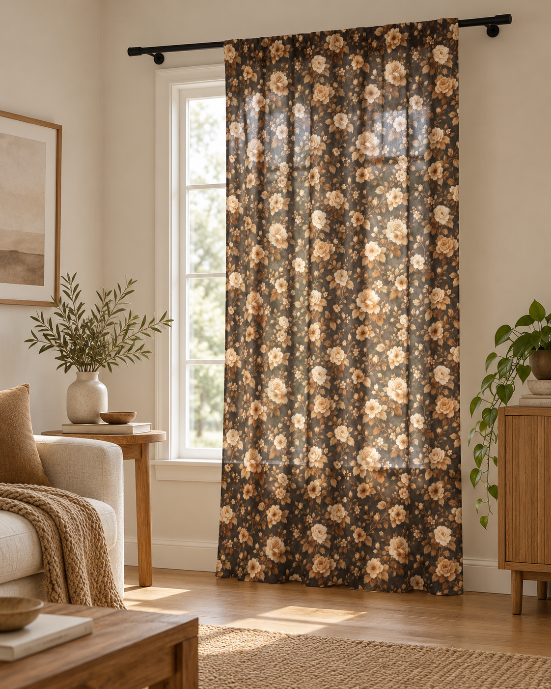 Brown Vintage Floral Sheer Curtain – Boho Window Panel