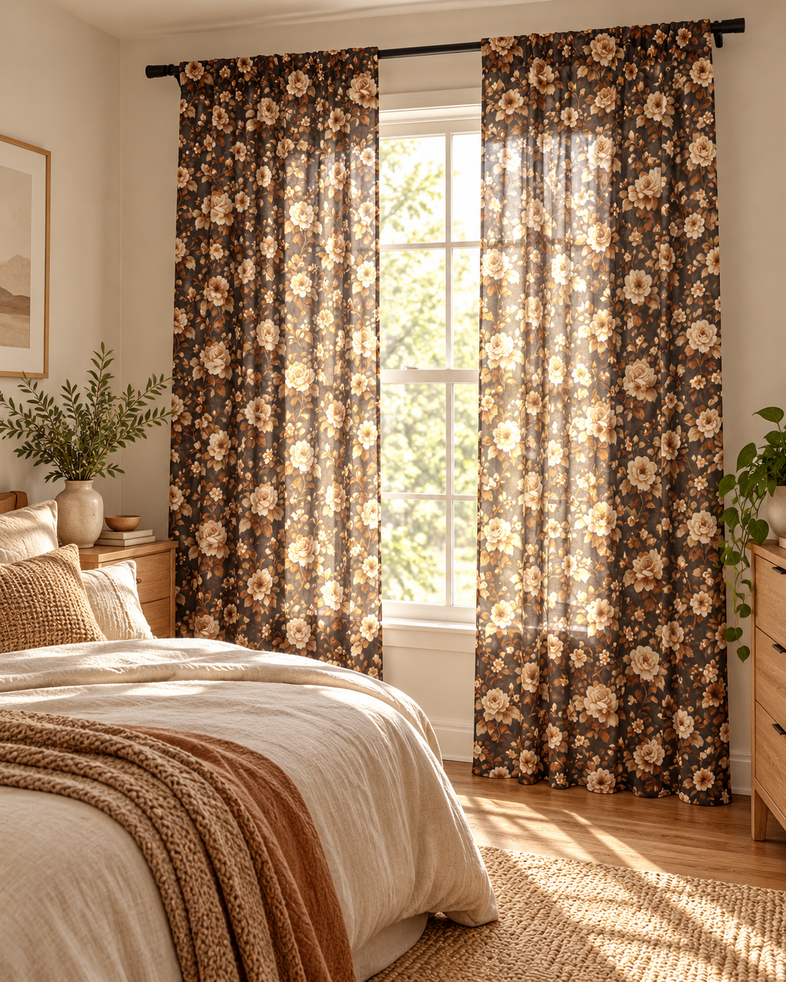 Brown Vintage Floral Sheer Curtain – Boho Window Panel