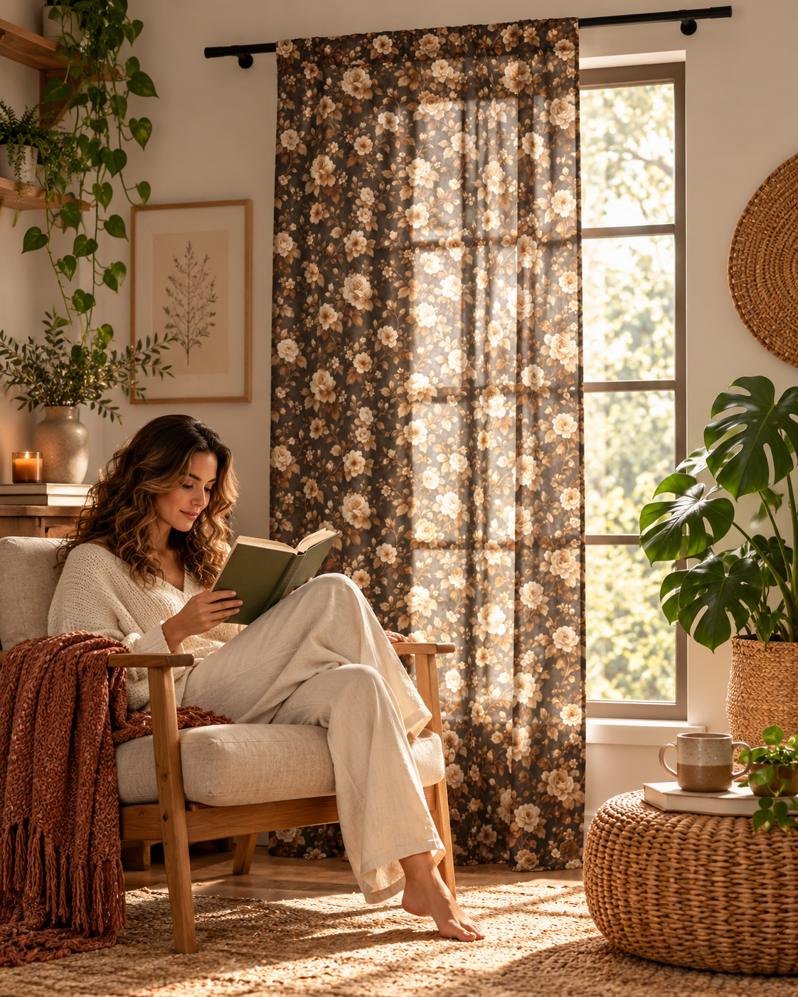Brown Vintage Floral Sheer Curtain – Boho Window Panel