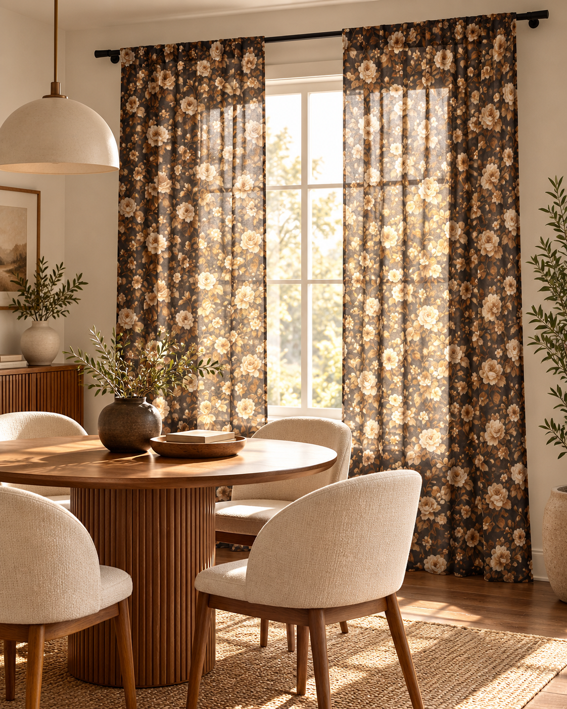Brown Vintage Floral Sheer Curtain – Boho Window Panel