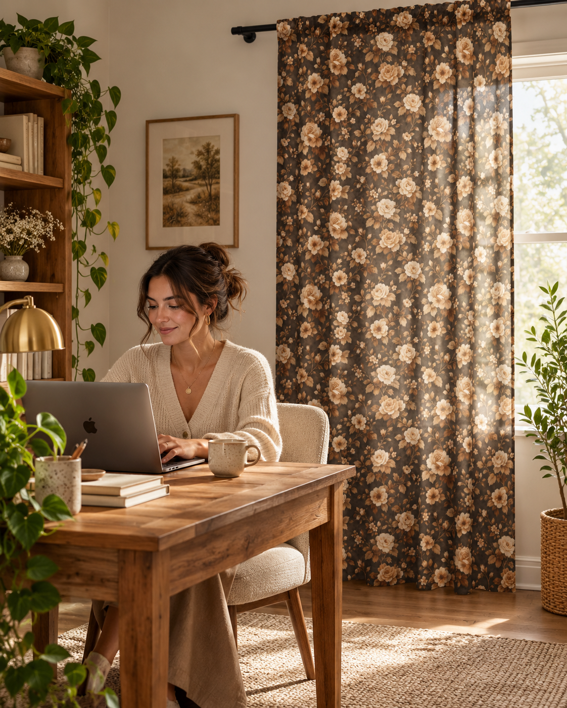 Brown Vintage Floral Sheer Curtain – Boho Window Panel