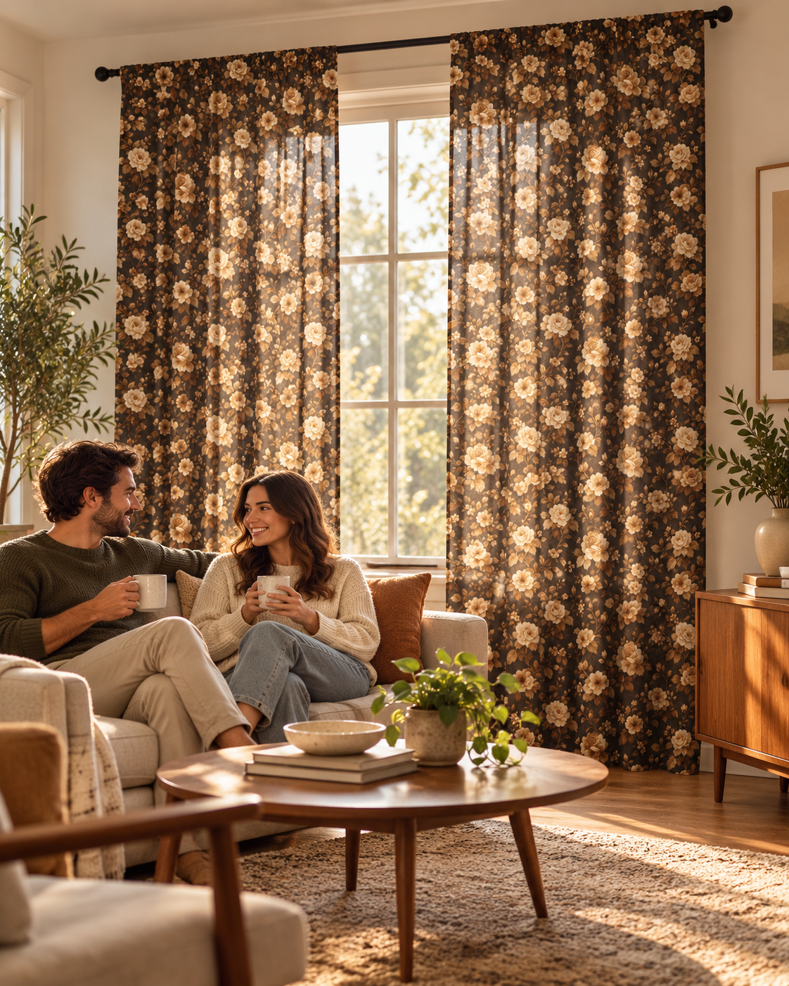 Brown Vintage Floral Sheer Curtain – Boho Window Panel