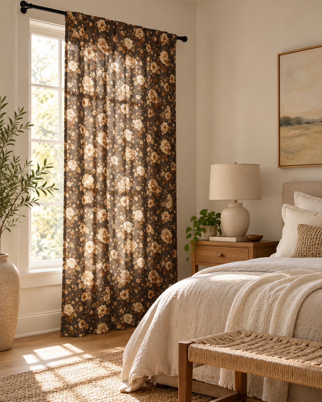 Brown Vintage Floral Sheer Curtain – Boho Window Panel