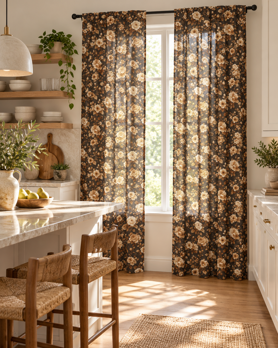 Brown Vintage Floral Sheer Curtain – Boho Window Panel