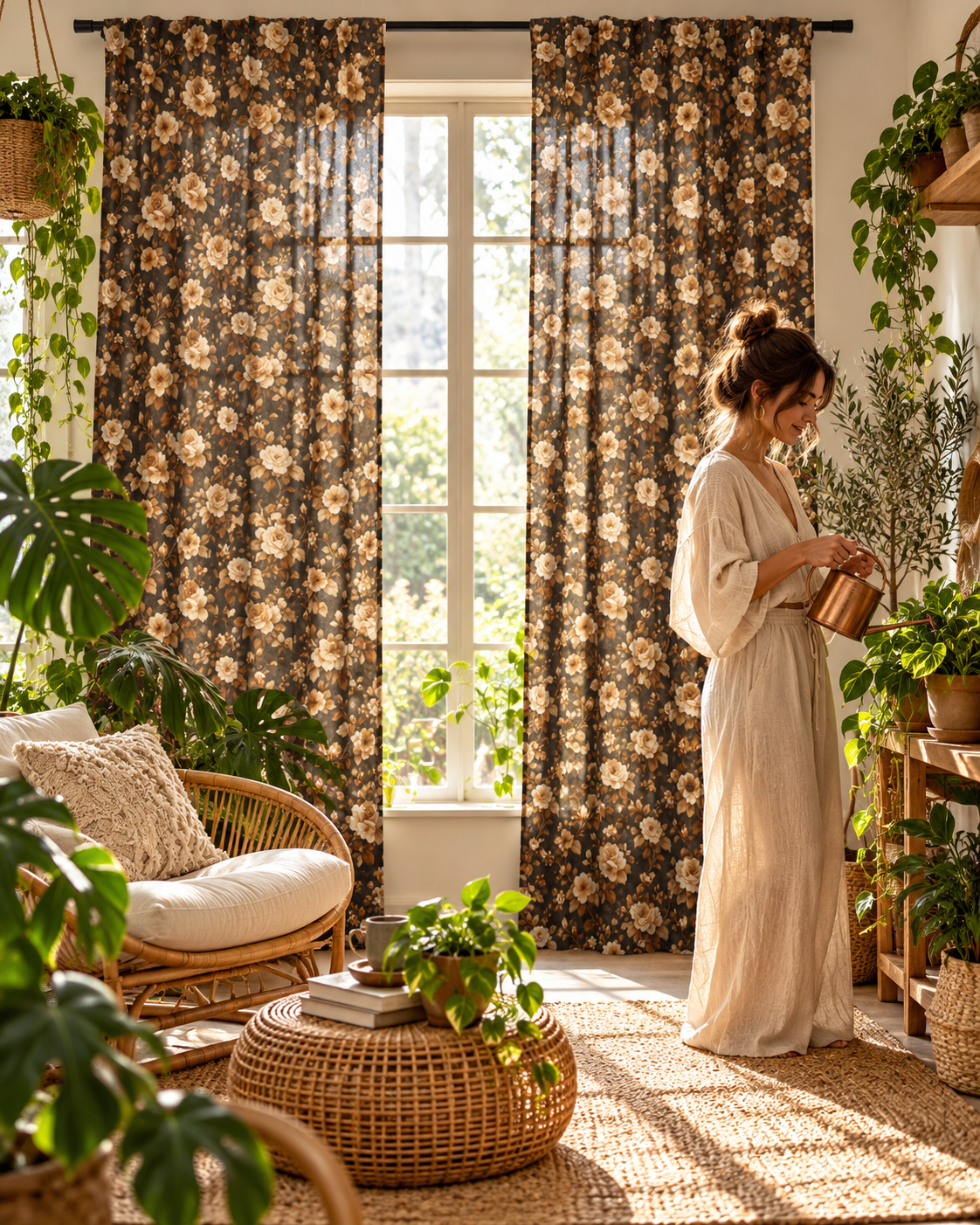 Brown Vintage Floral Sheer Curtain – Boho Window Panel