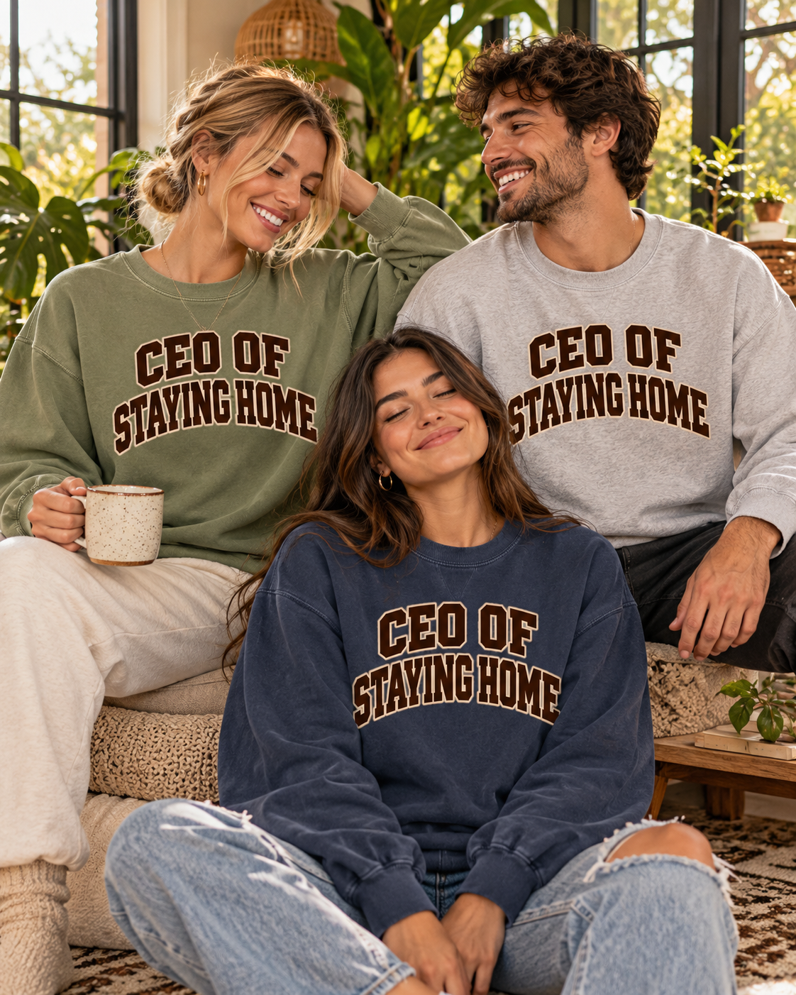 CEO of Staying Home crewneck worn in a relaxed indoor setting