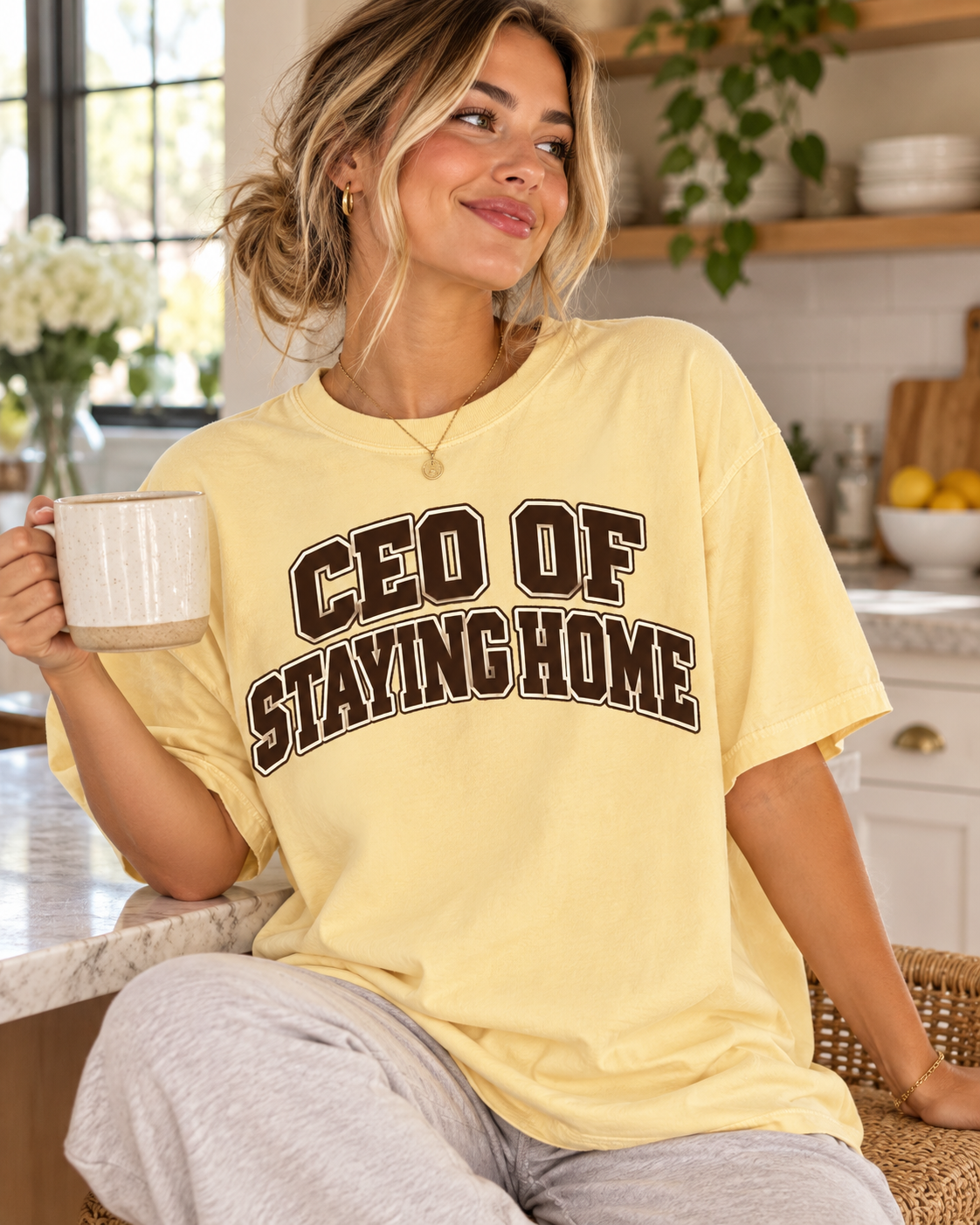 Relaxed homebody outfit featuring the CEO of Staying Home graphic tee