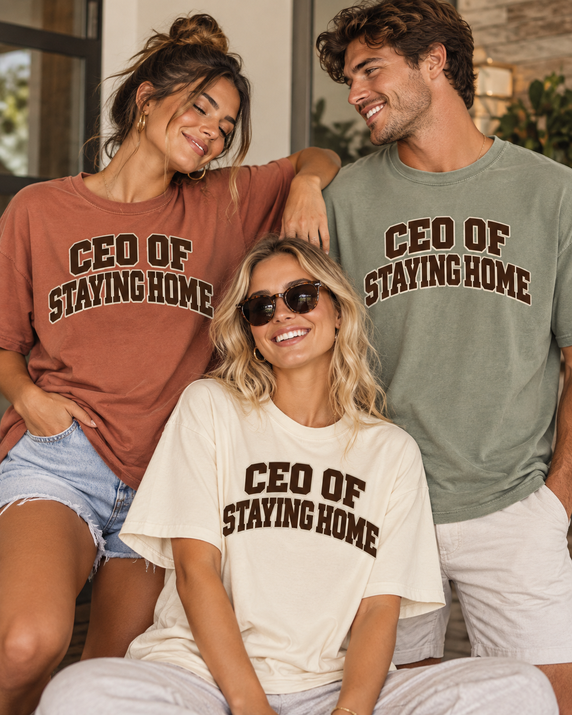 Homebody graphic T-shirt with CEO of Staying Home varsity lettering
