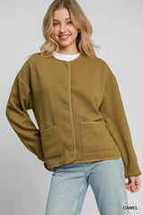 Camel Brown Textured Jacquard Jacket - Sophisticated Style, Jackets, $ 59.00, A Moment Of Now™