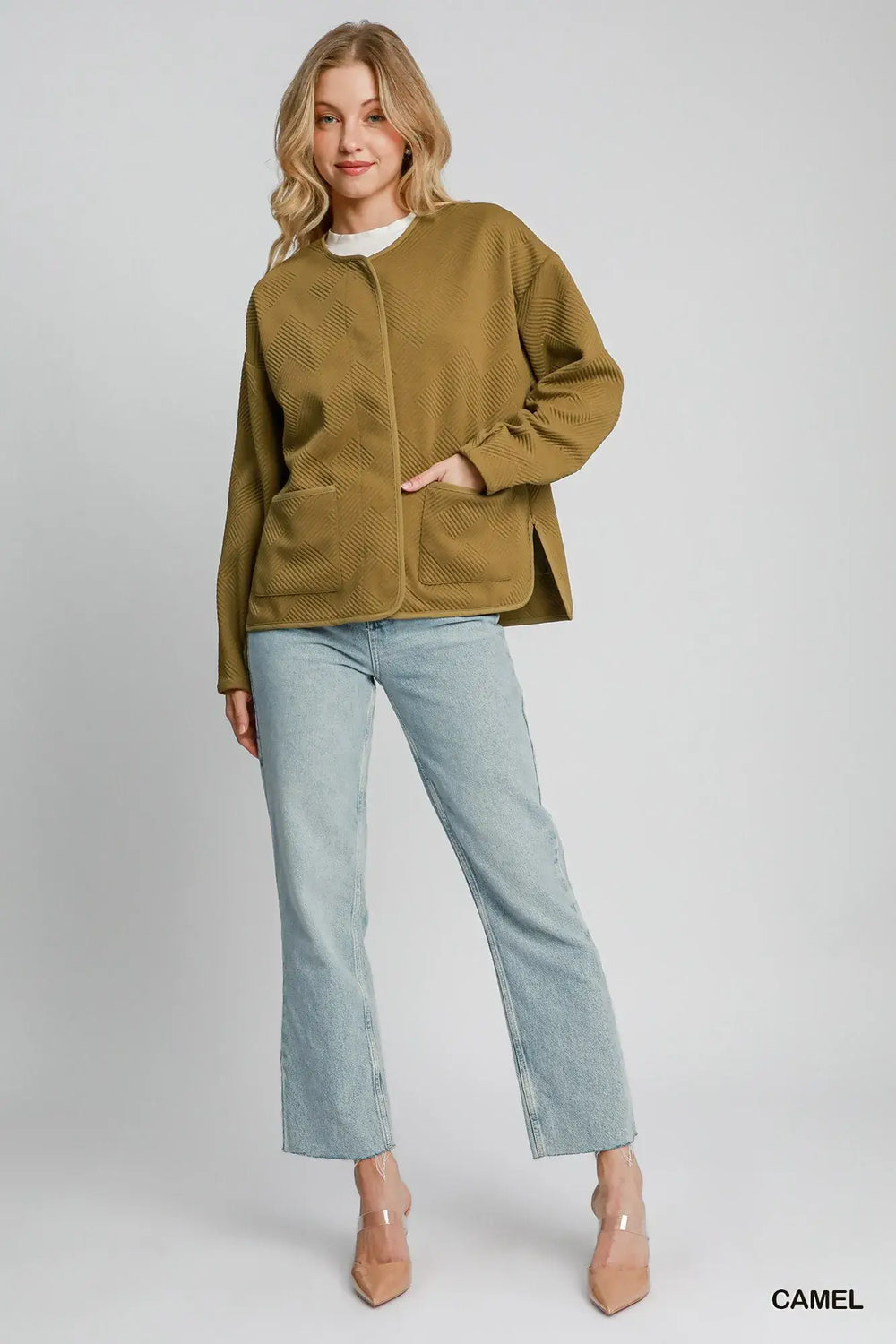 Camel Brown Textured Jacquard Jacket - Sophisticated Style, Jackets, $ 59.00, A Moment Of Now™
