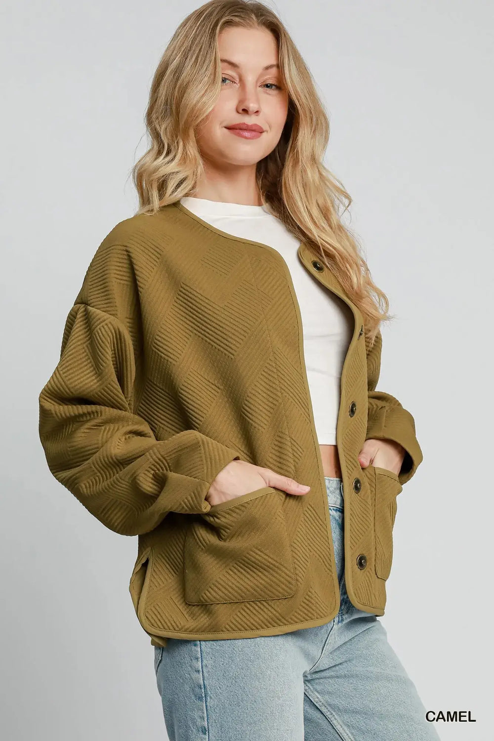 Camel Brown Textured Jacquard Jacket - Sophisticated Style, Jackets, $ 59.00, A Moment Of Now™