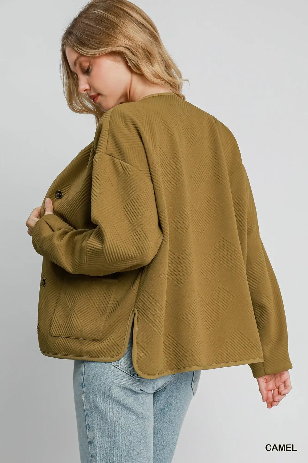 Camel Brown Textured Jacquard Jacket - Sophisticated Style, Jackets, $ 59.00, A Moment Of Now™