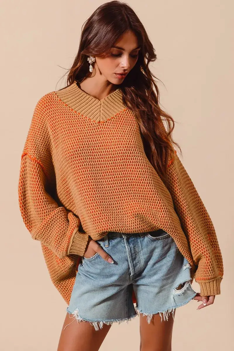 Camel Orange Oversized Two Tone Textured Sweater - Chic Style, Sweaters, $ 58.00, A Moment Of Now™