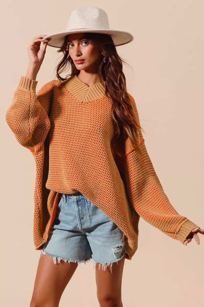Camel Orange Oversized Two Tone Textured Sweater - Chic Style, Sweaters, $ 58.00, A Moment Of Now™