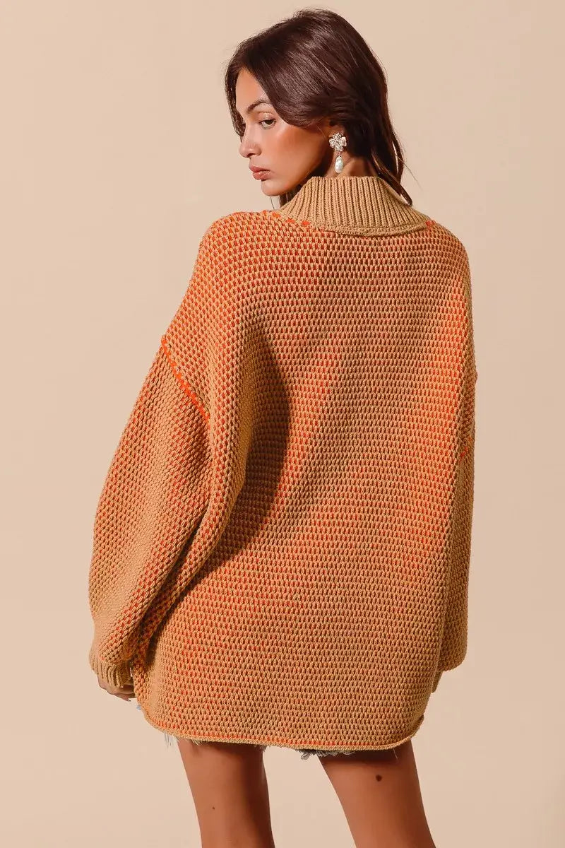 Camel Orange Oversized Two Tone Textured Sweater - Chic Style, Sweaters, $ 58.00, A Moment Of Now™