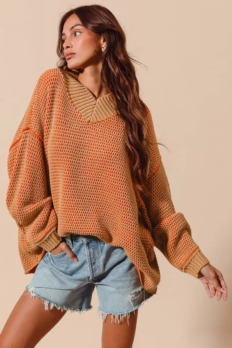 Camel Orange Oversized Two Tone Textured Sweater - Chic Style, Sweaters, $ 58.00, A Moment Of Now™
