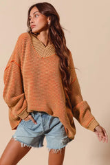 Camel Orange Oversized Two Tone Textured Sweater - Chic Style, Sweaters, $ 58.00, A Moment Of Now™