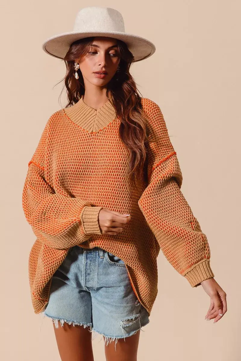 Camel Orange Oversized Two Tone Textured Sweater - Chic Style, Sweaters, $ 58.00, A Moment Of Now™