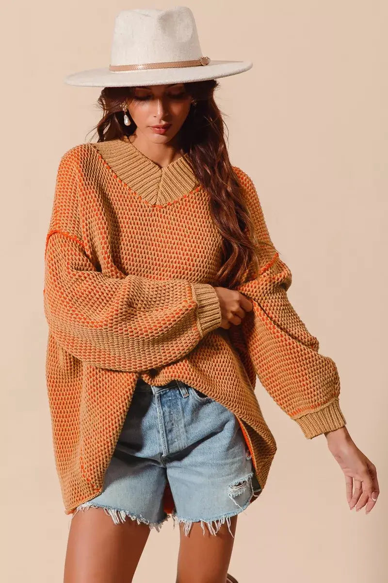 Camel Orange Oversized Two Tone Textured Sweater - Chic Style, Sweaters, $ 58.00, A Moment Of Now™