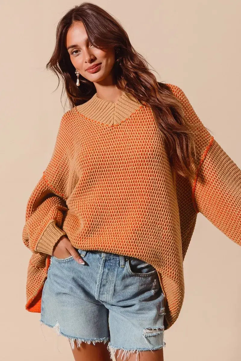 Camel Orange Oversized Two Tone Textured Sweater - Chic Style, Sweaters, $ 58.00, A Moment Of Now™