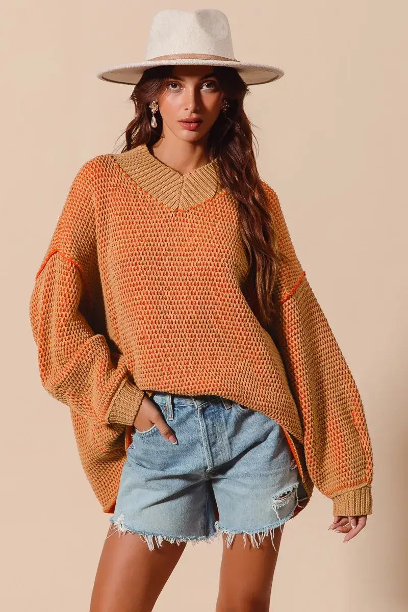 Camel Orange Oversized Two Tone Textured Sweater - Chic Style, Sweaters, $ 58.00, A Moment Of Now™