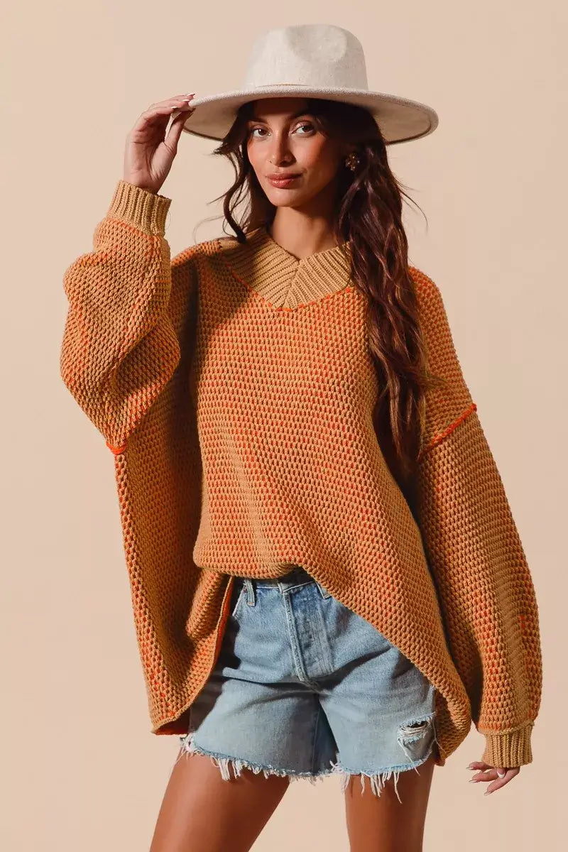 Camel Orange Oversized Two Tone Textured Sweater - Chic Style, Sweaters, $ 58.00, A Moment Of Now™