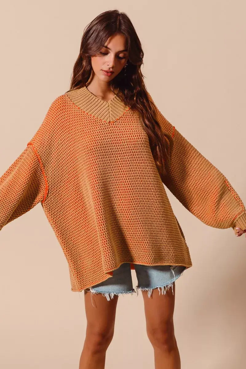 Camel Orange Oversized Two Tone Textured Sweater - Chic Style, Sweaters, $ 58.00, A Moment Of Now™