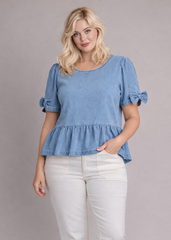Blue Denim Bow Detail Short Sleeves Peplum Top